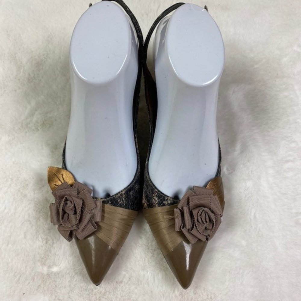 Beverly Feldman VINTAGE Patent Faux Snakeskin Rosette Slingback Heels, size 8.5